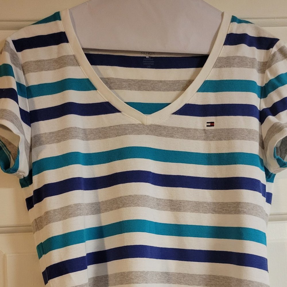 Large blue and grey stripped Tommy Hilfiger T-shirt